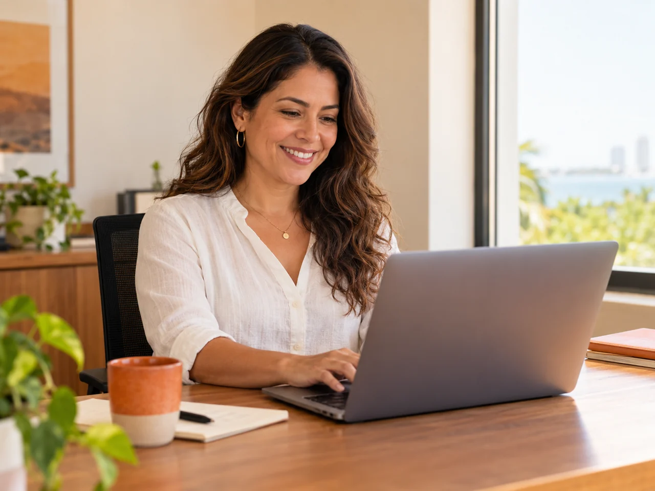 Empresaria sonriente trabajando con su computadora en una oficina luminosa; escena ilustrativa