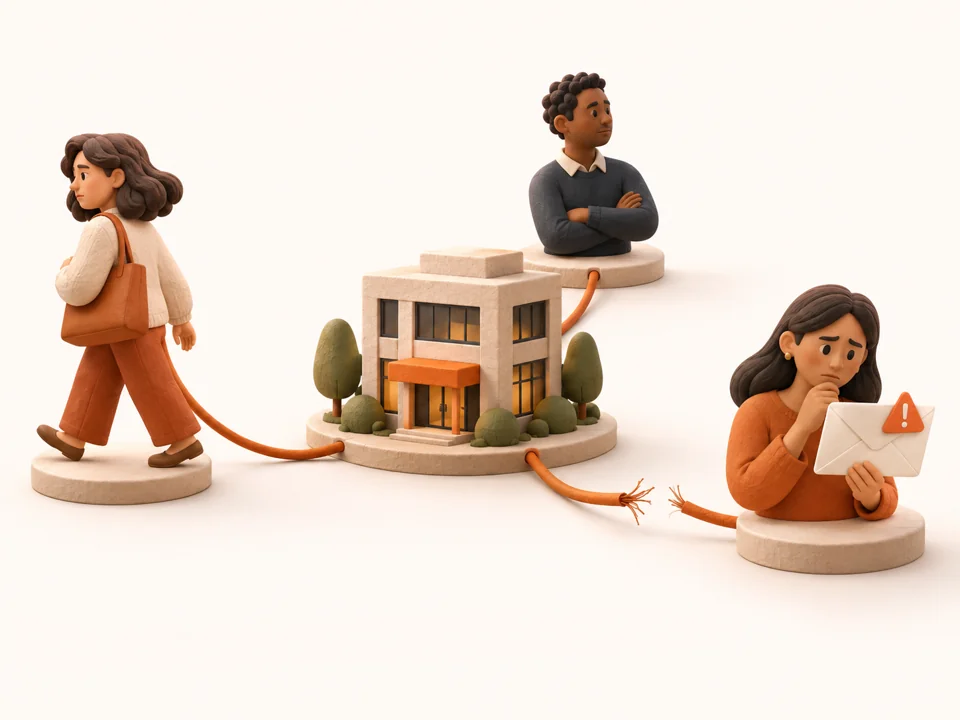 Ilustración de clientes que pierden la confianza en una empresa tras recibir un correo sospechoso.