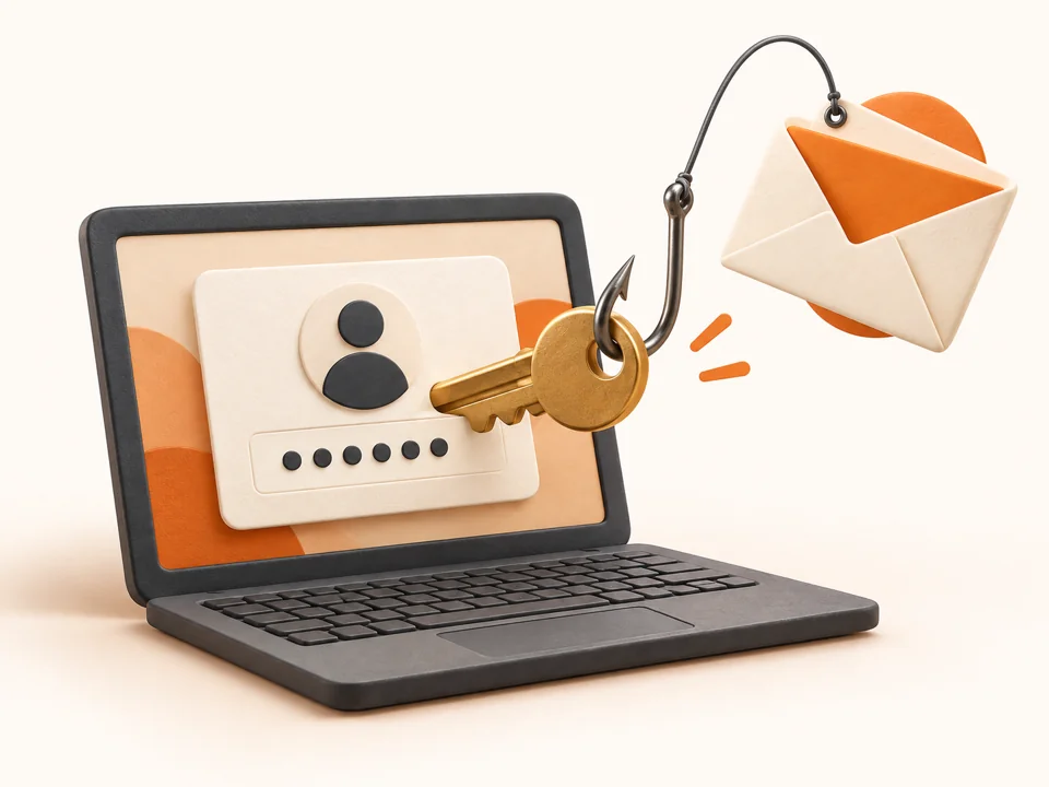 Ilustración de un anzuelo asociado a un correo que extrae una llave de acceso de una pantalla de inicio de sesión.