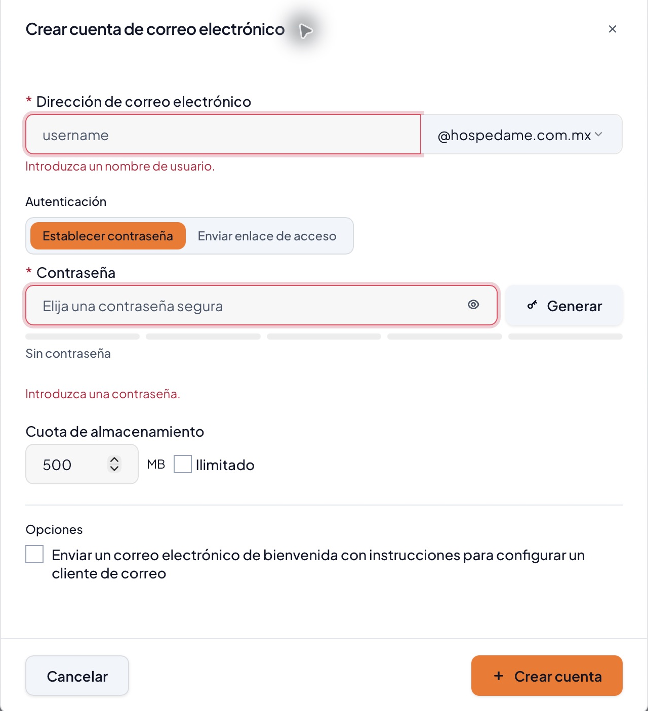 Mensajes reales del formulario al dejar vacíos el nombre y la contraseña