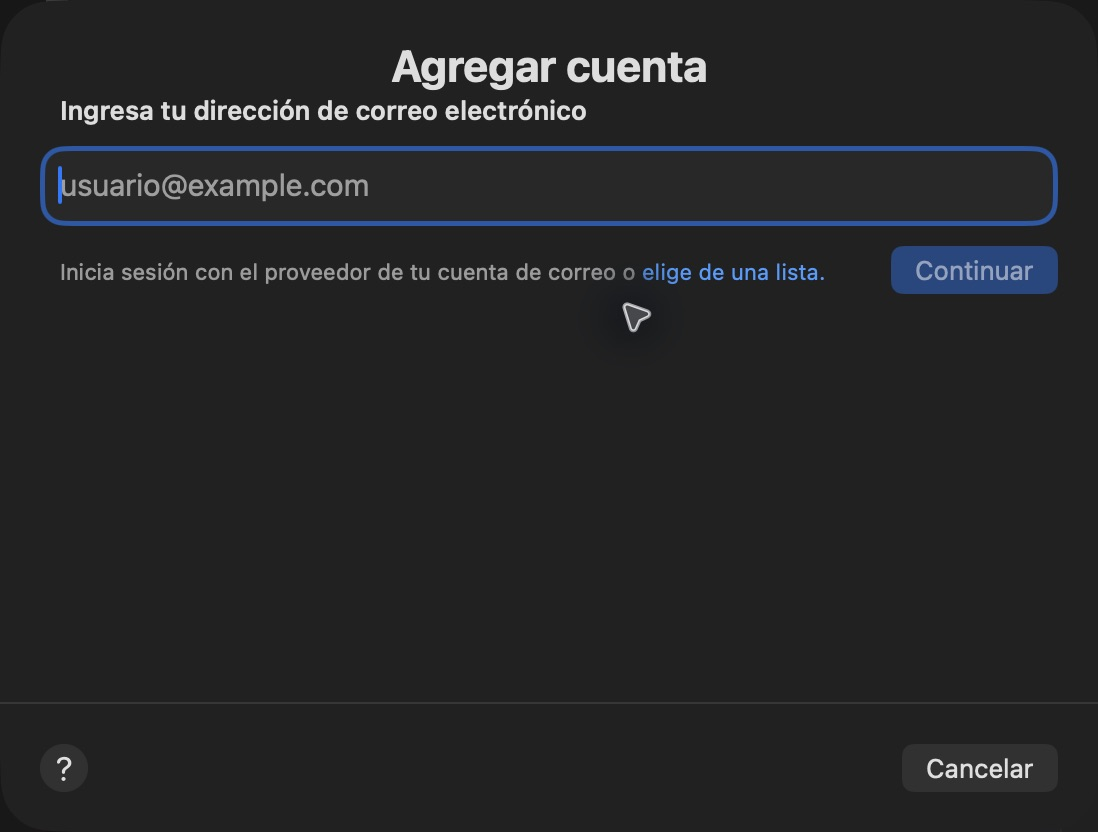 Asistente real Agregar cuenta de Mail, con campo de dirección vacío, Continuar y Cancelar