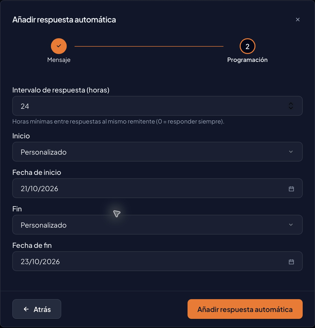 Formulario de Programación con fechas temporales 21/10/2026 y 23/10/2026, sin campo de hora ni zona horaria