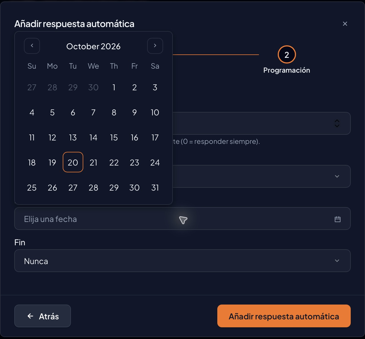 Selector real de Fecha de inicio con October 2026, flechas de mes y días del calendario