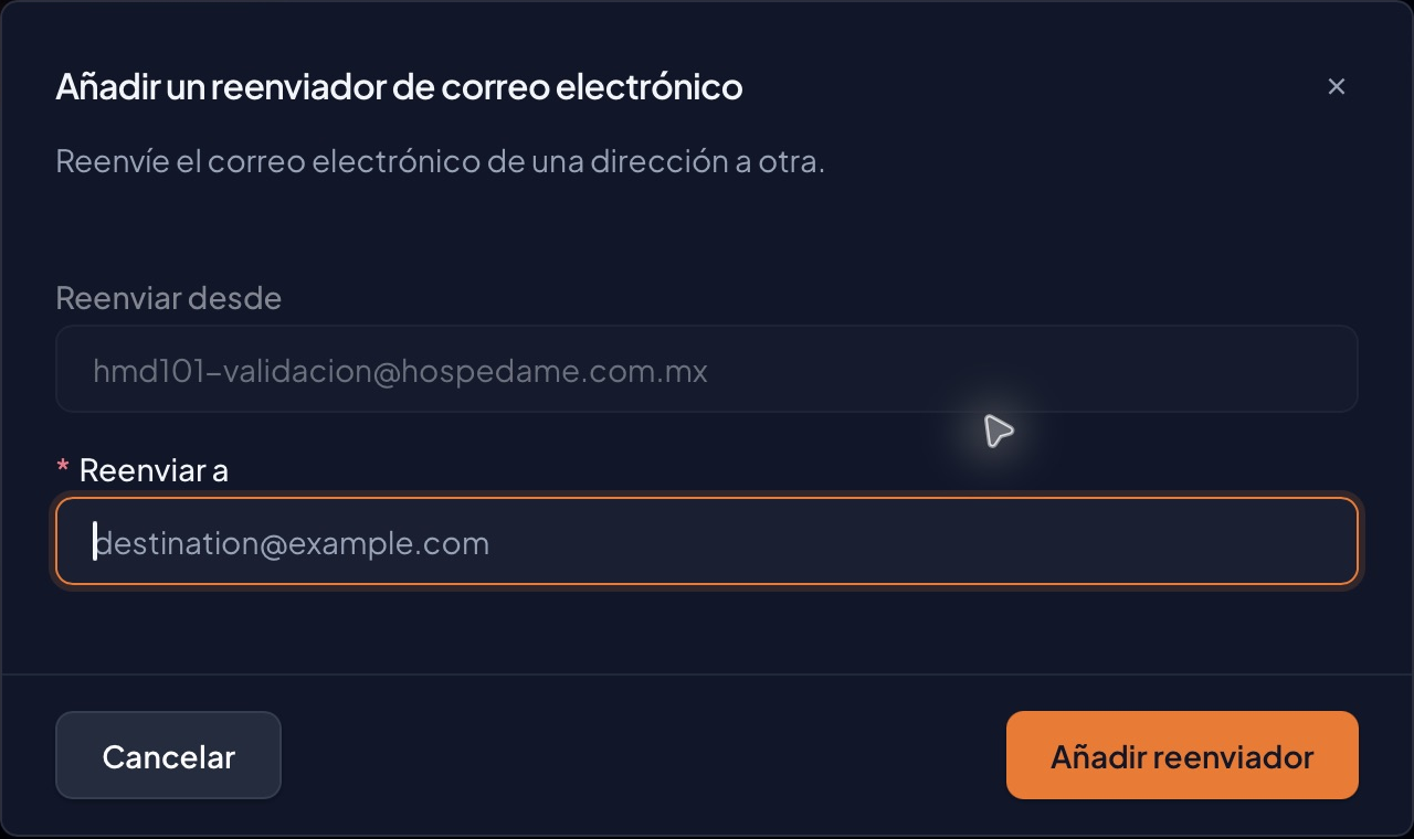 Formulario real Añadir un reenviador de correo electrónico con Reenviar desde fijo, Reenviar a vacío, Cancelar y Añadir reenviador
