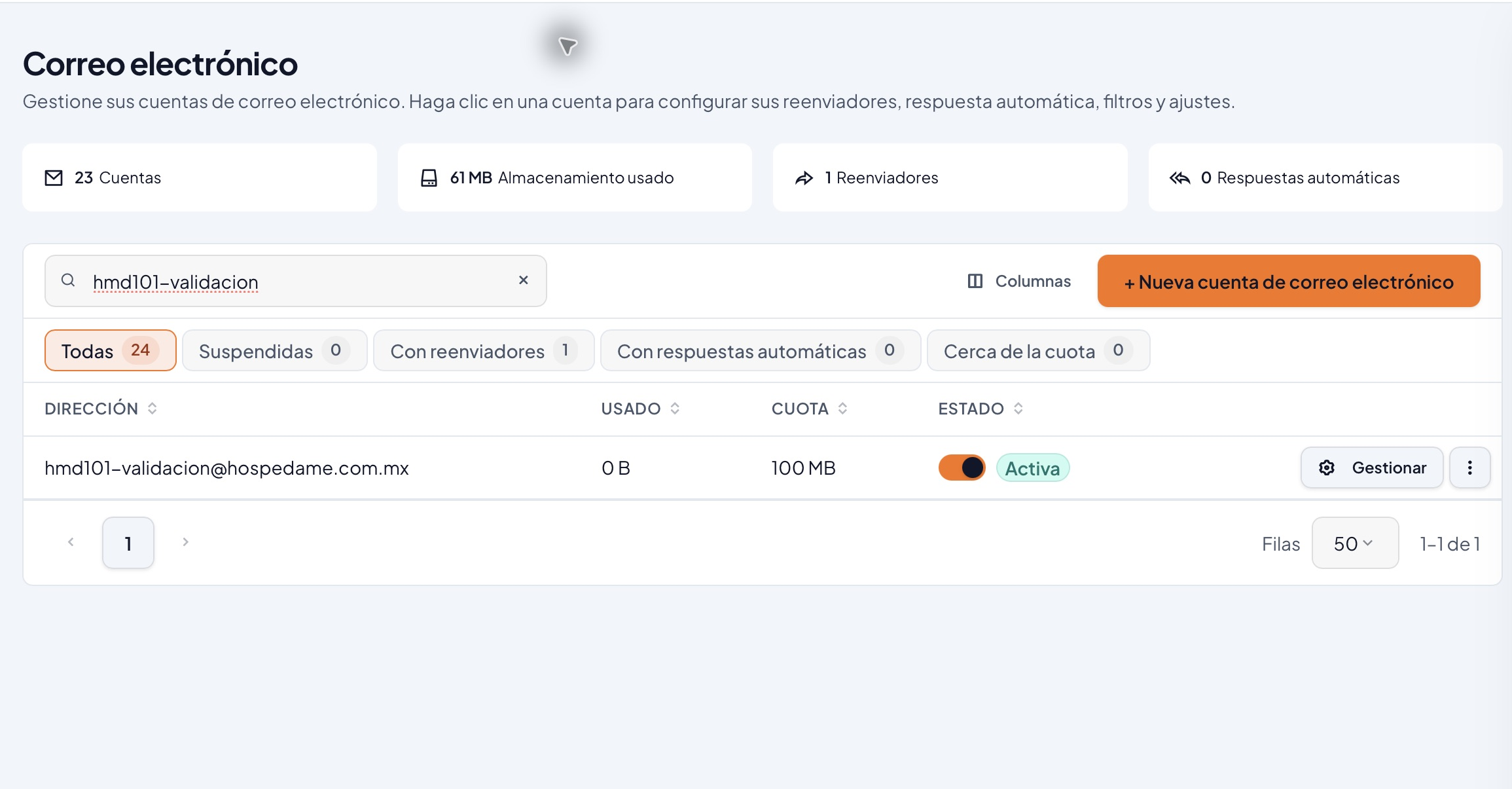 Buzón de prueba activo y con la cuota elegida de 100 MB