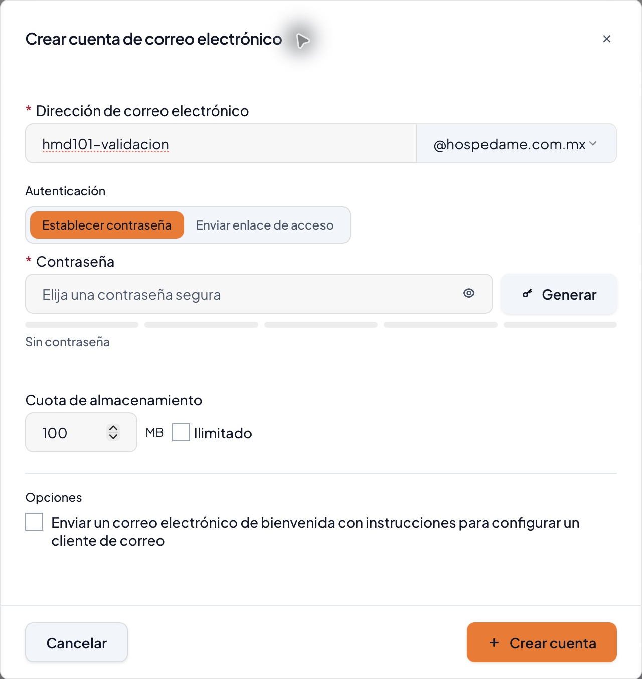 Formulario de alta con nombre de prueba, dominio y cuota de 100 MB; contraseña sin introducir
