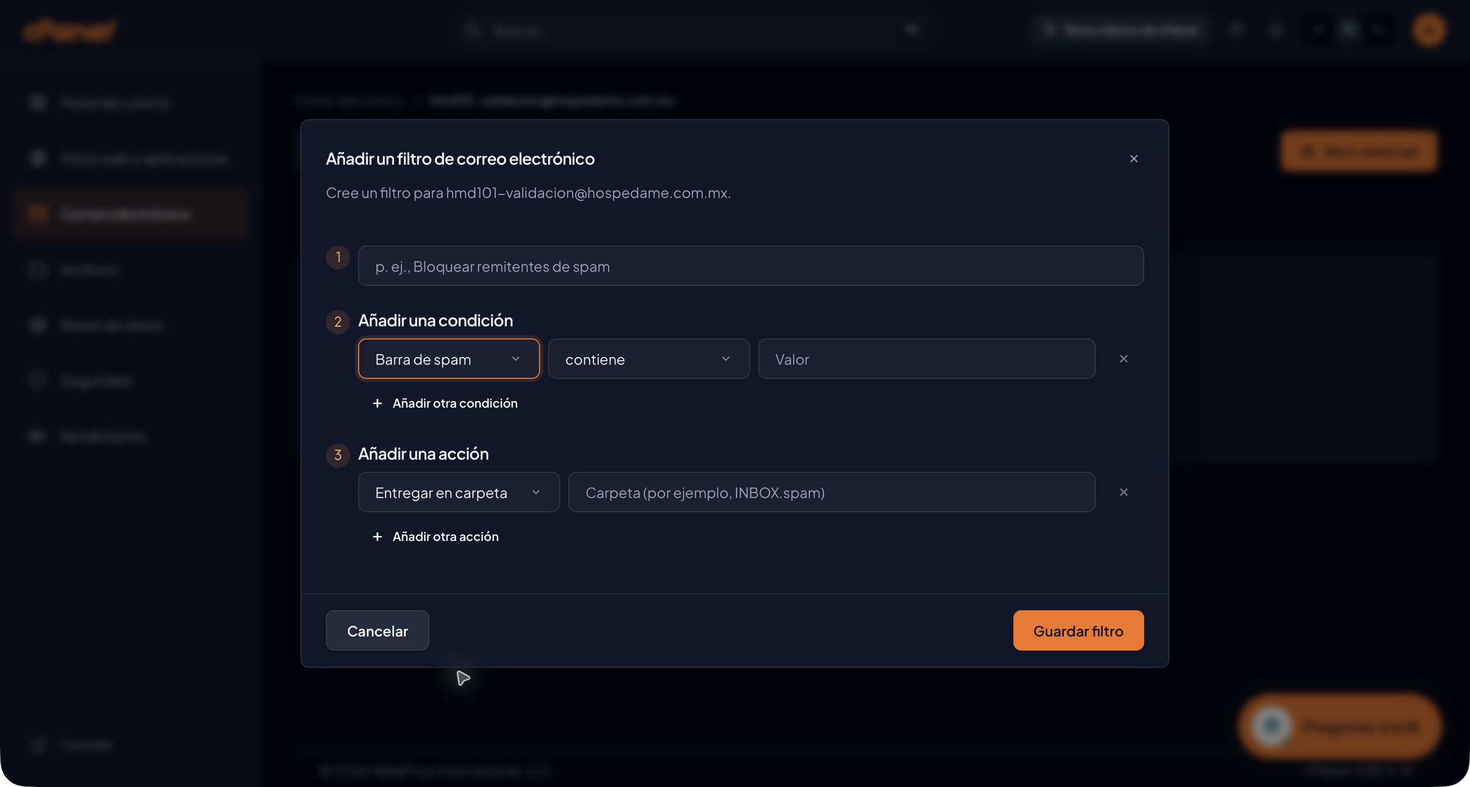 Barra de spam seleccionado temporalmente con contiene y Valor vacío