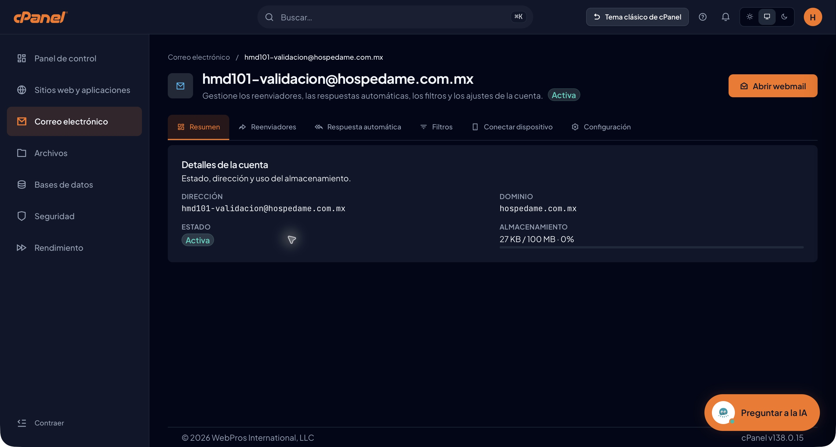 Resumen con estado Activa y almacenamiento 27 KB de 100 MB