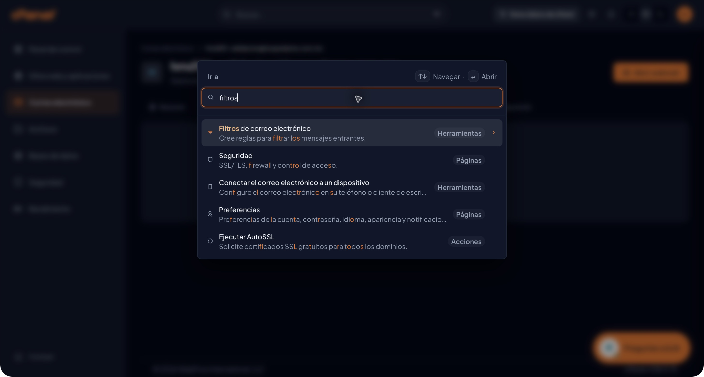 Búsqueda filtros con el resultado Filtros de correo electrónico