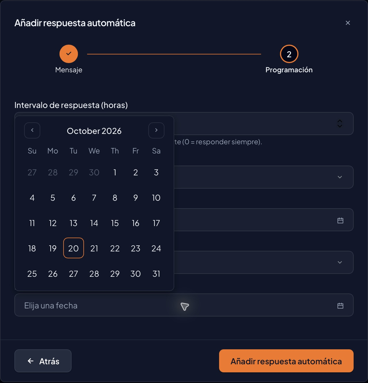 Calendario real abierto desde Fecha de fin, sin selector visible de hora ni zona horaria