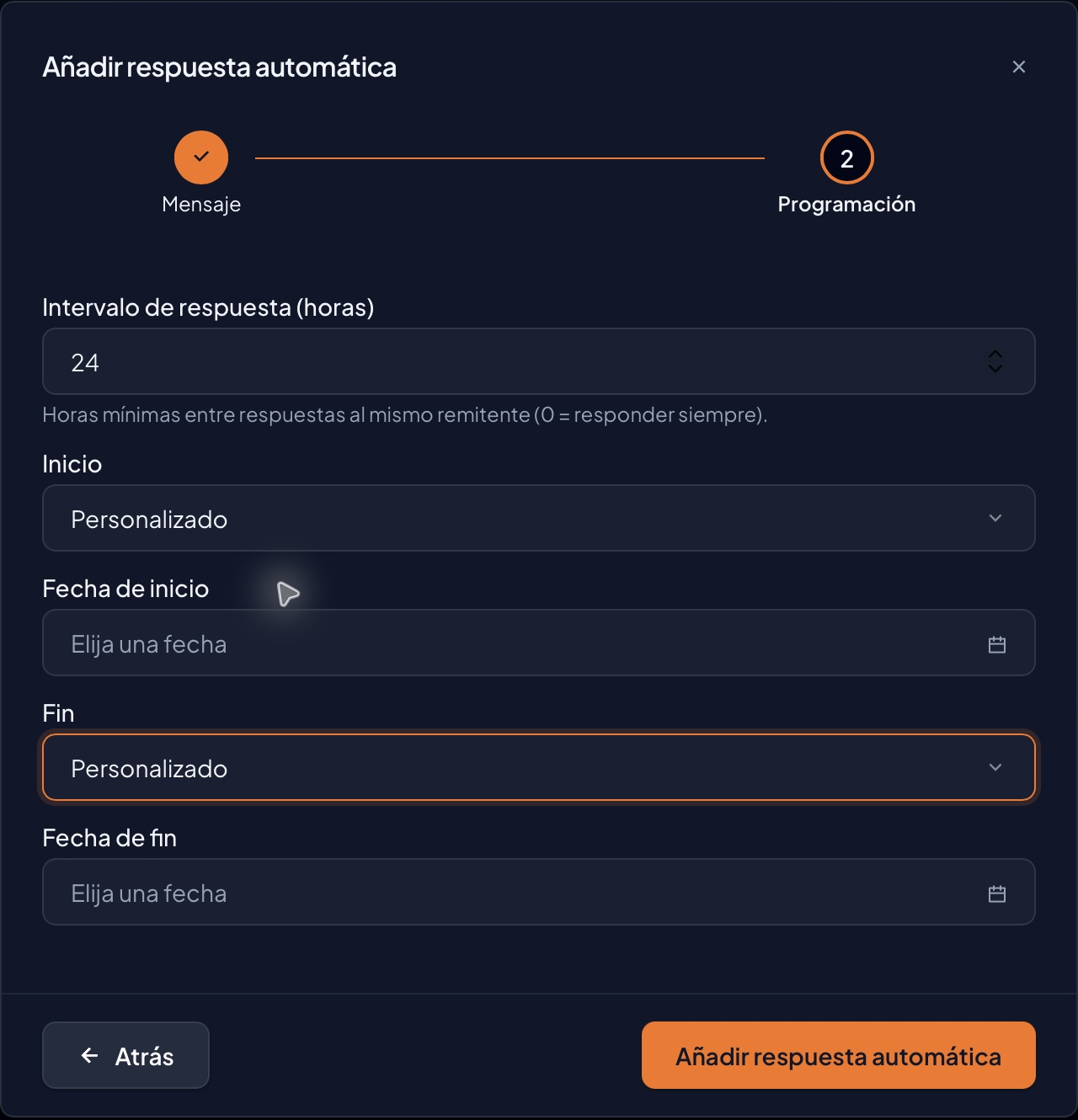 Inicio y Fin en Personalizado con Fecha de inicio y Fecha de fin vacías