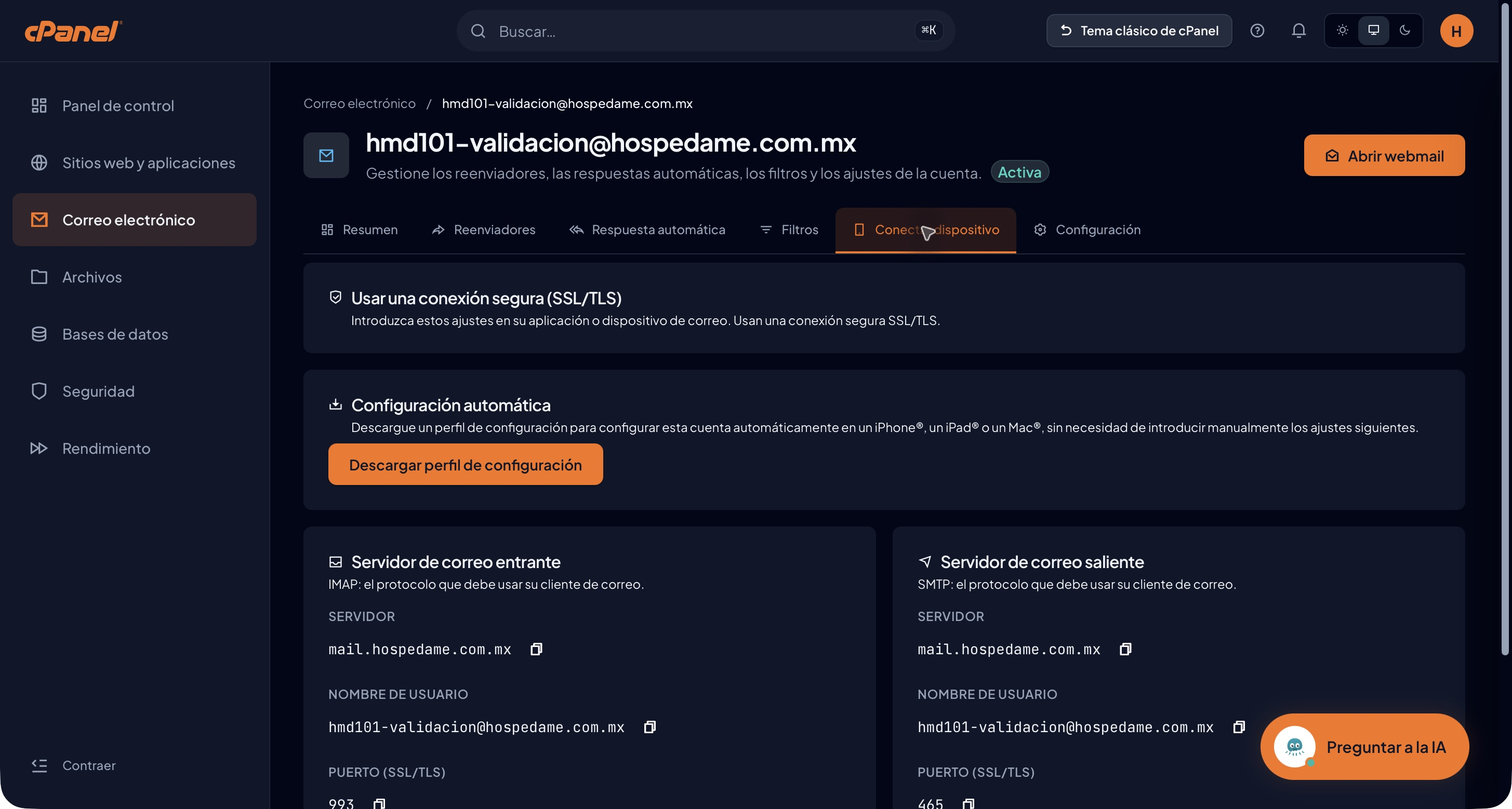 Pestaña Conectar dispositivo con información SSL TLS y secciones de entrada y salida