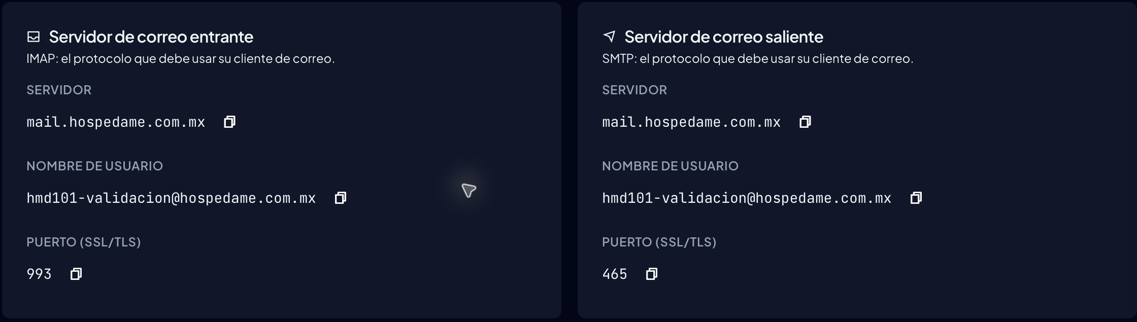 Parámetros reales del buzón de referencia: servidor mail.hospedame.com.mx, usuario completo, IMAP 993 y SMTP 465 bajo SSL/TLS
