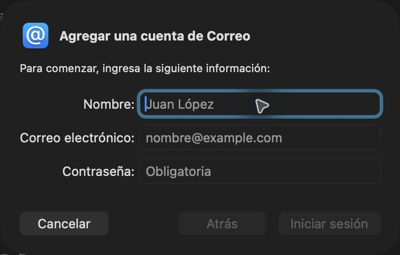 Formulario real Agregar una cuenta de Correo con Nombre, Correo electrónico y Contraseña vacíos, Cancelar e Iniciar sesión desactivado