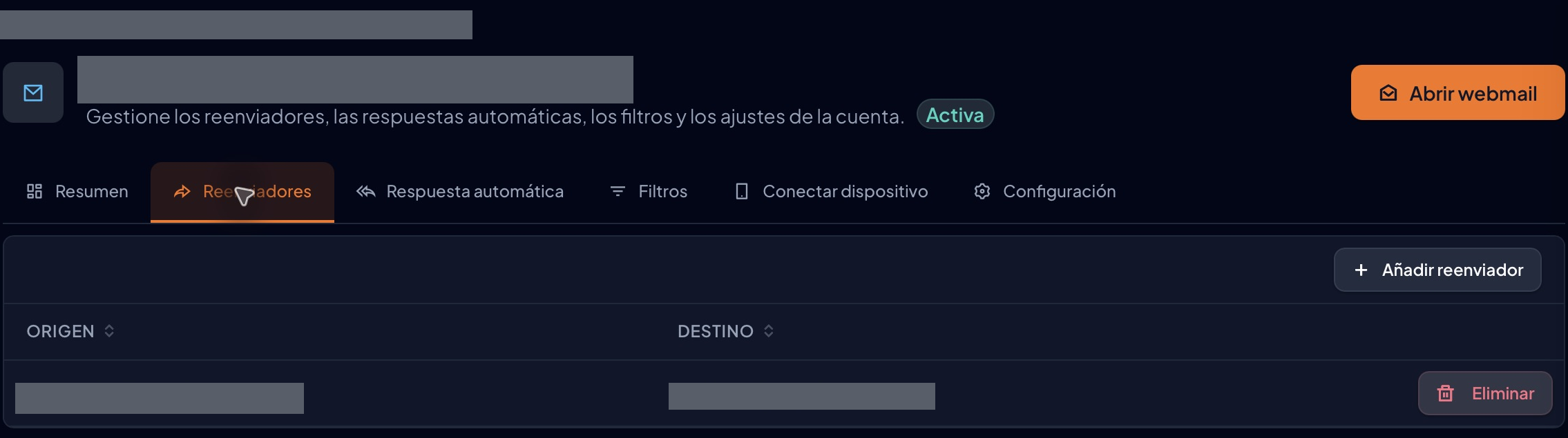 Regla real existente con columnas ORIGEN y DESTINO, botón Añadir reenviador y control Eliminar