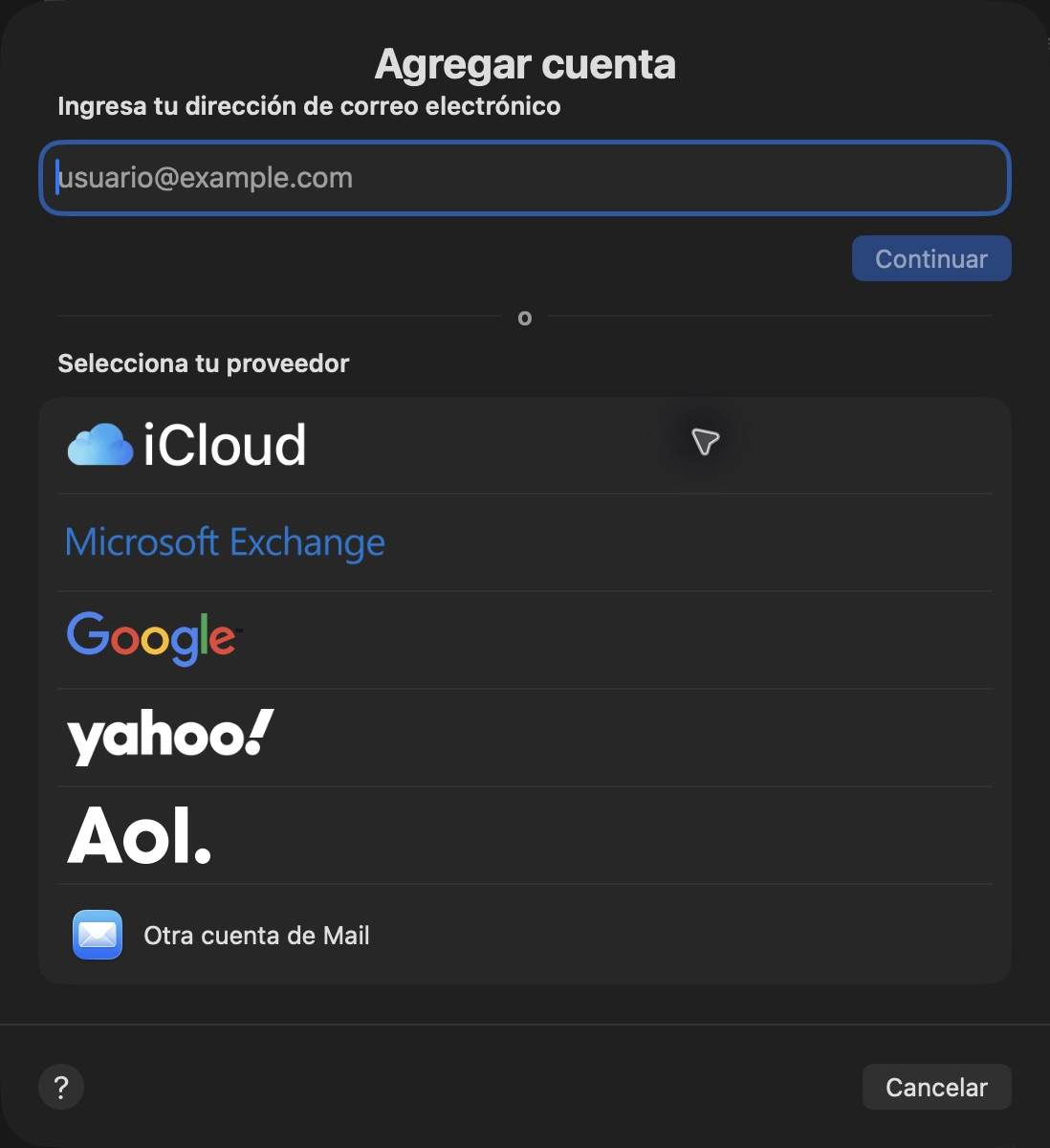 Lista real de proveedores del asistente de Mail con la opción Otra cuenta de Mail