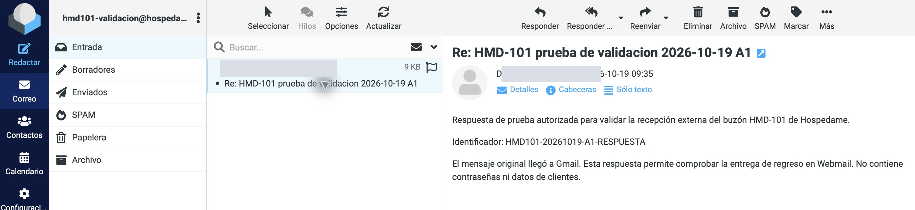 Respuesta externa de prueba recibida en la bandeja de Roundcube