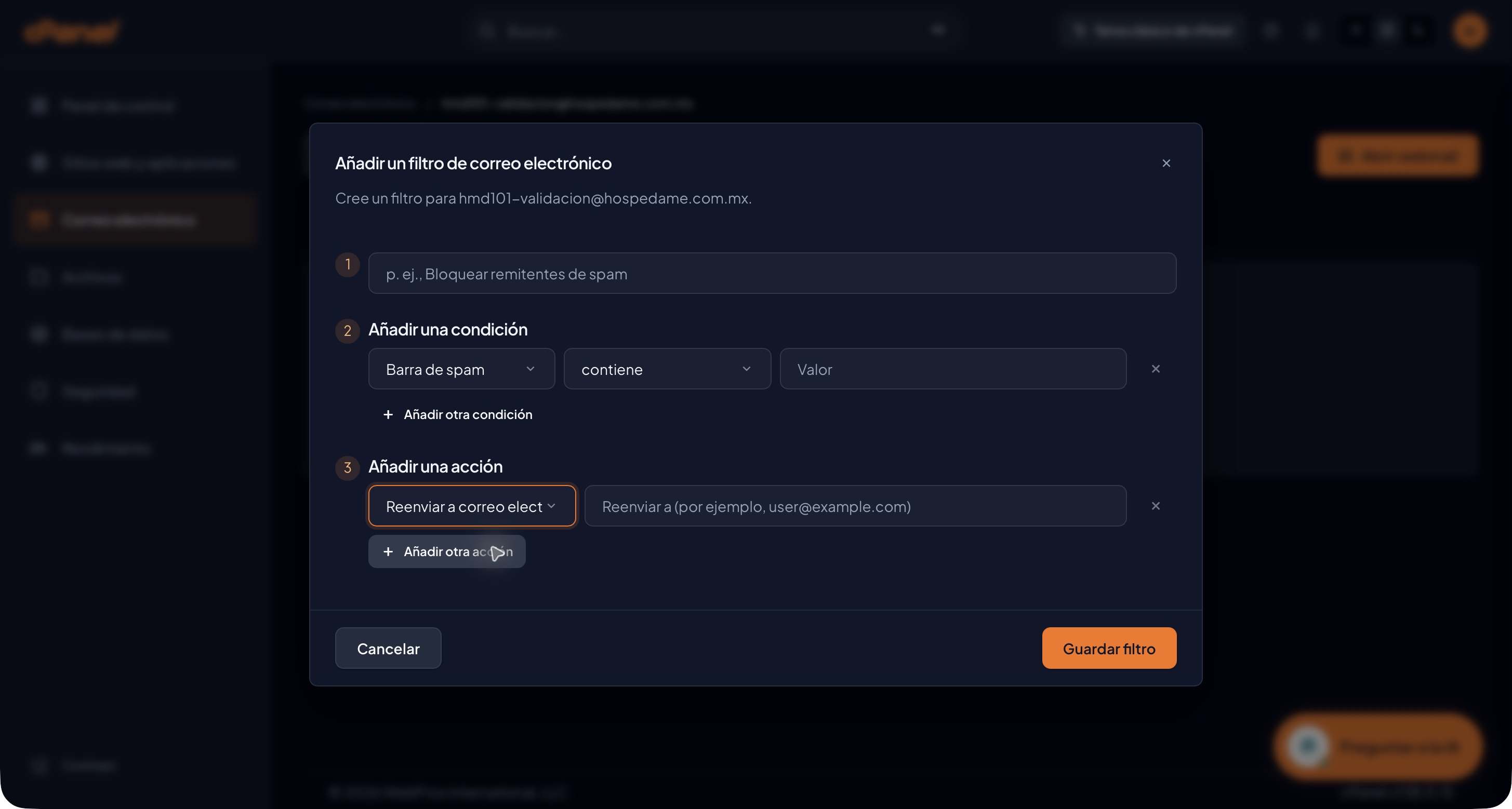 Reenviar a correo electrónico con destino vacío