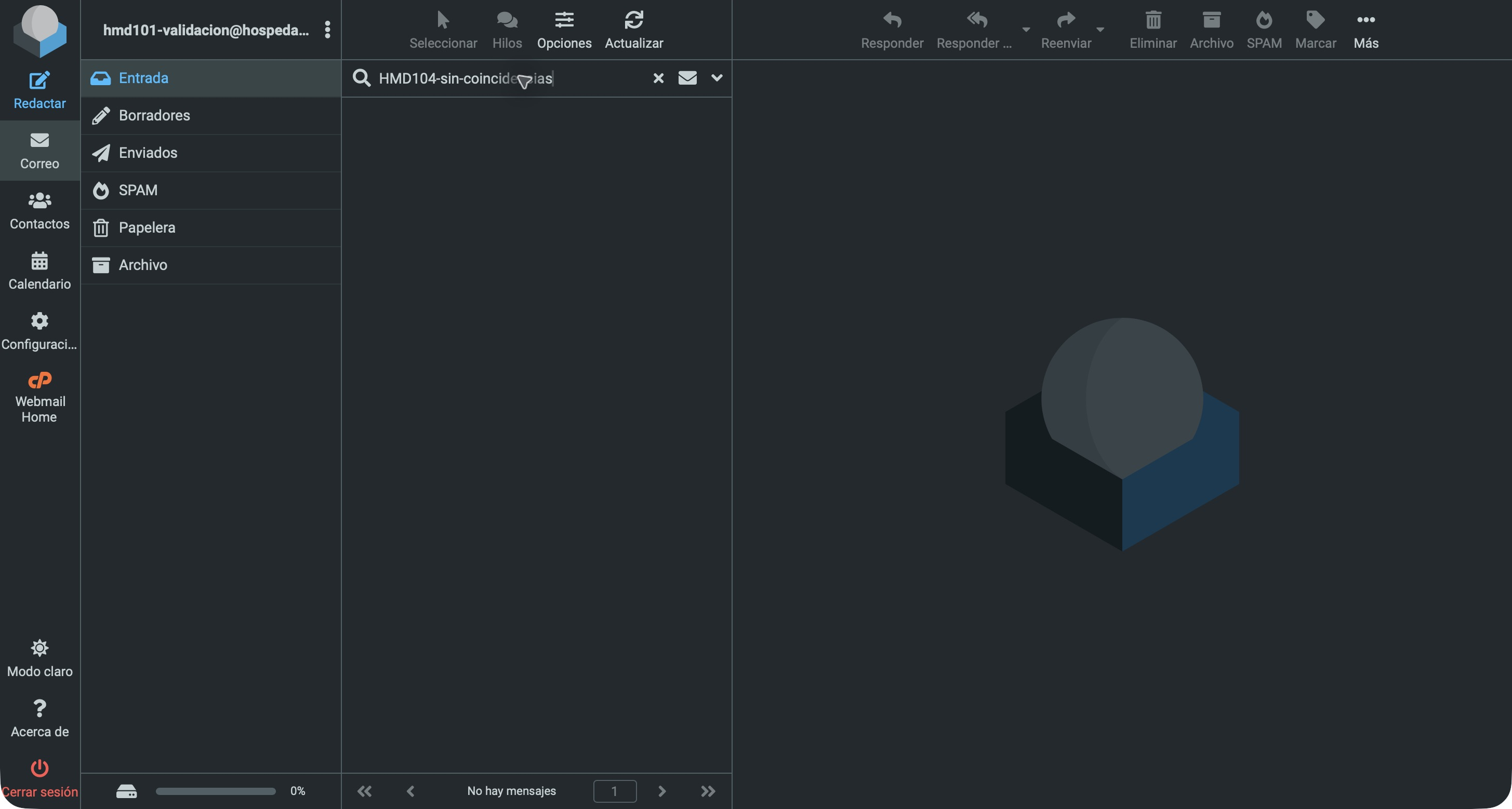 Roundcube en español con Entrada, carpetas y búsqueda sin resultados