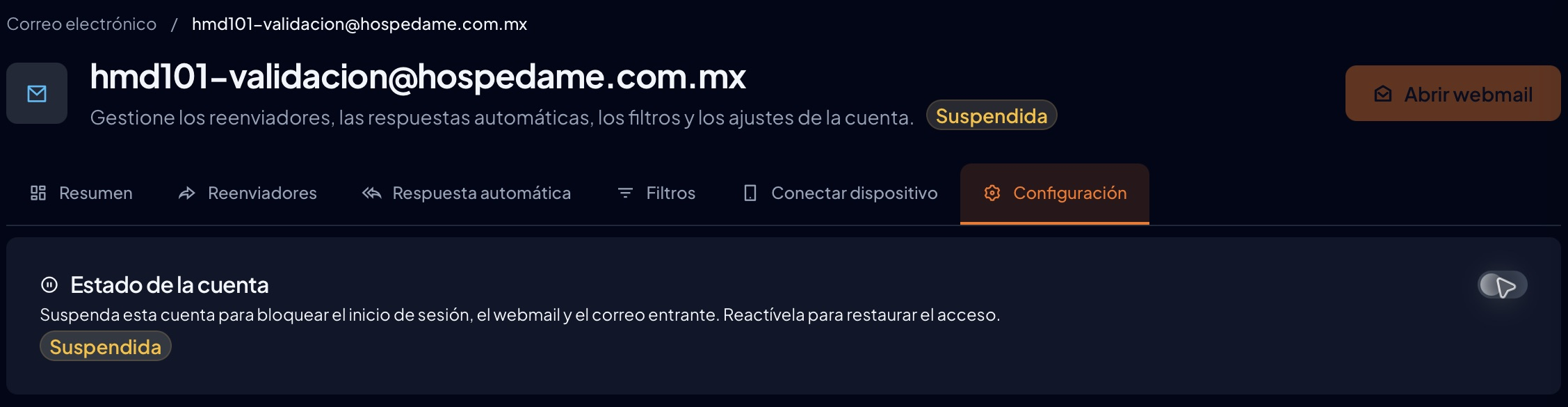 Cuenta de prueba con el estado Suspendida