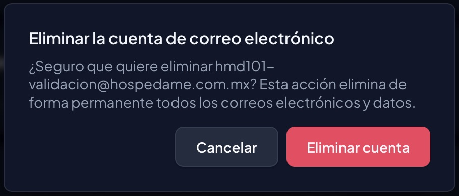 Confirmación real de eliminación con la dirección y los botones Cancelar y Eliminar cuenta
