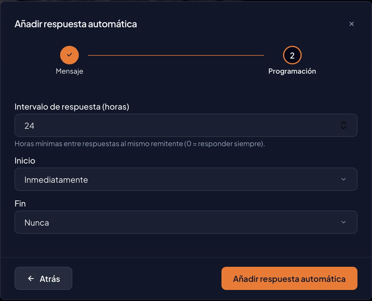 Paso Programación con Intervalo de respuesta horas en 24, Inicio Inmediatamente, Fin Nunca, Atrás y Añadir respuesta automática