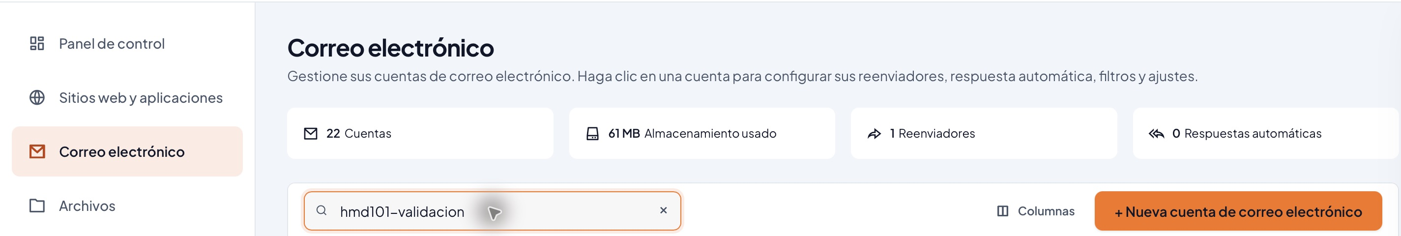 Área de correo de Meridian con el botón para crear una cuenta