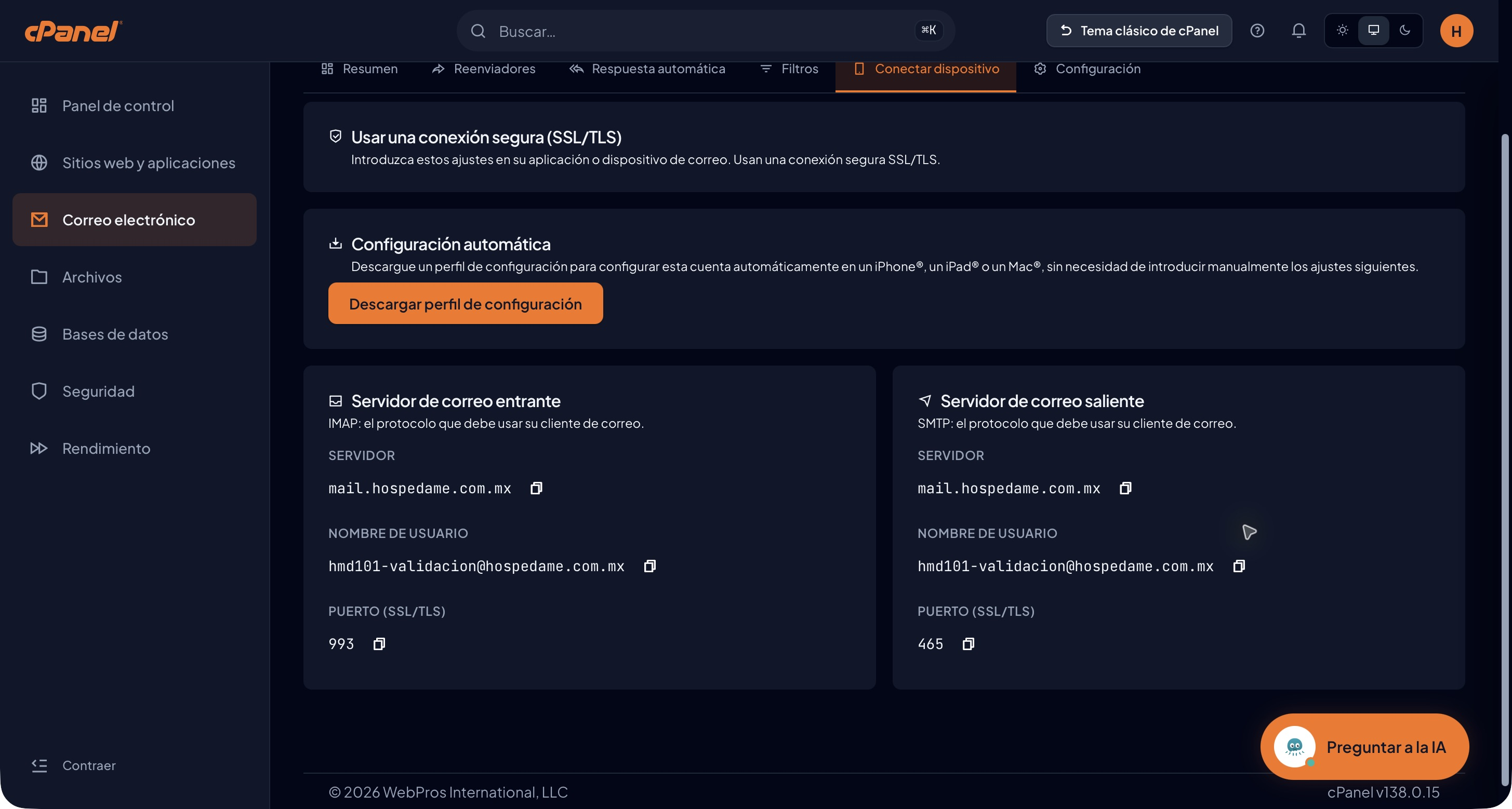 Parámetros de entrada IMAP y salida SMTP con servidor usuario y puertos SSL TLS