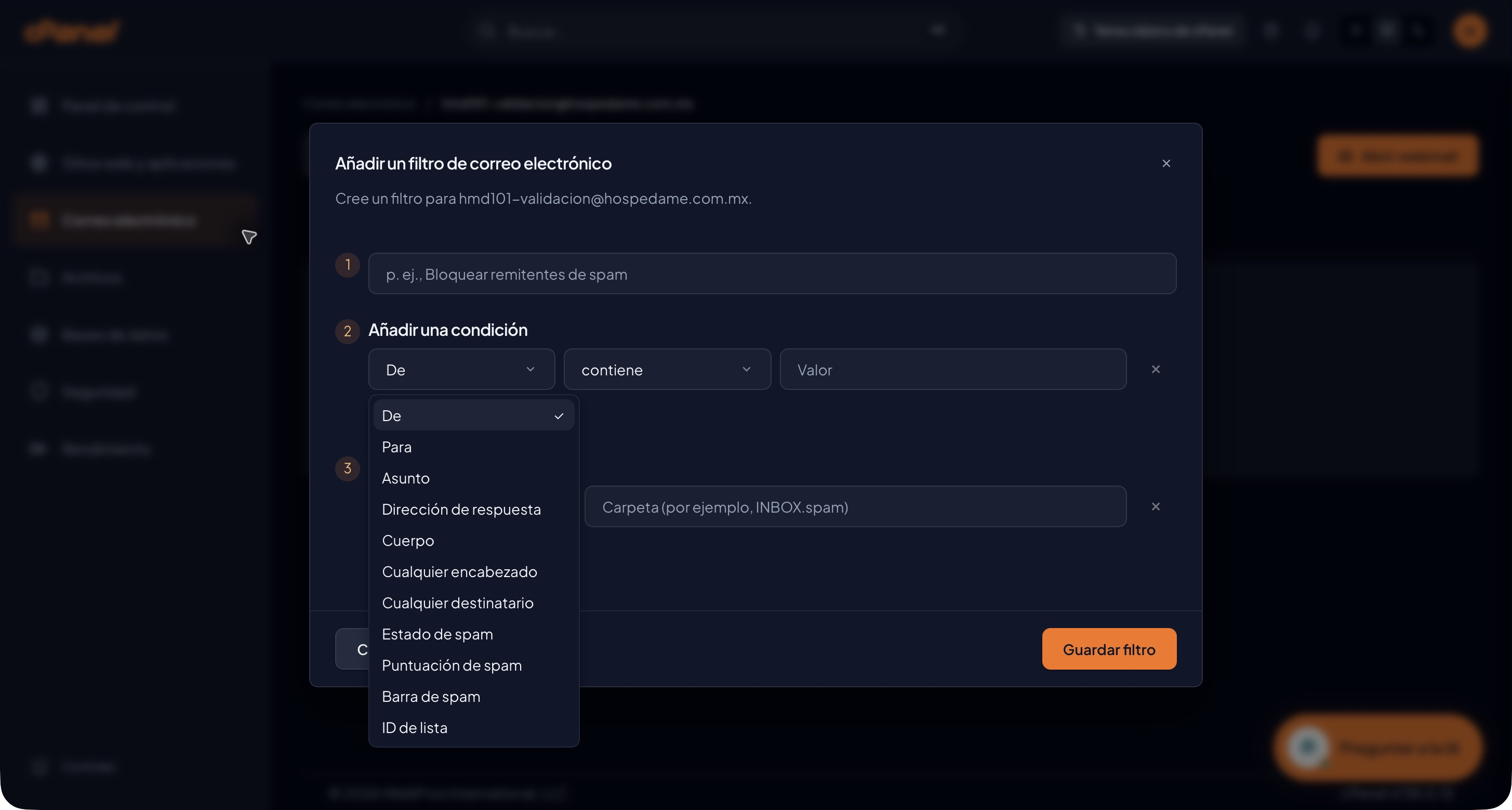 Campos disponibles del filtro de correo