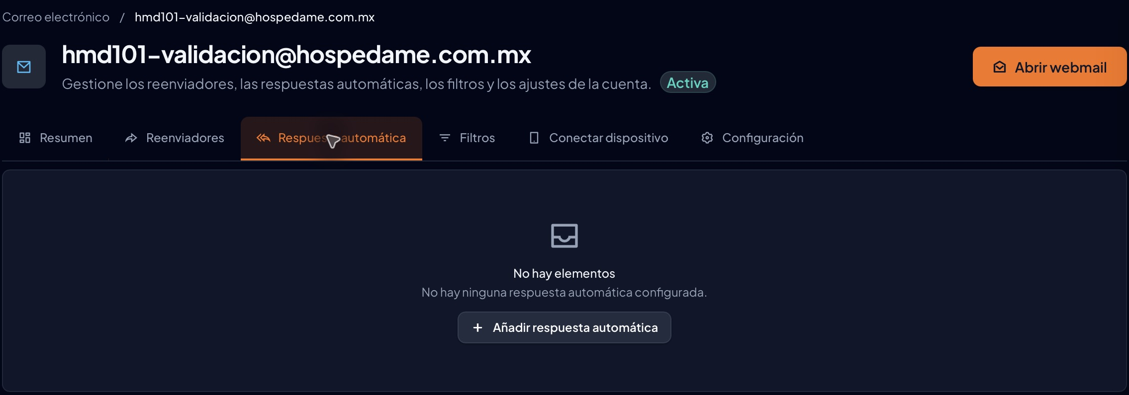 Pestaña real Respuesta automática sin elementos y botón Añadir respuesta automática
