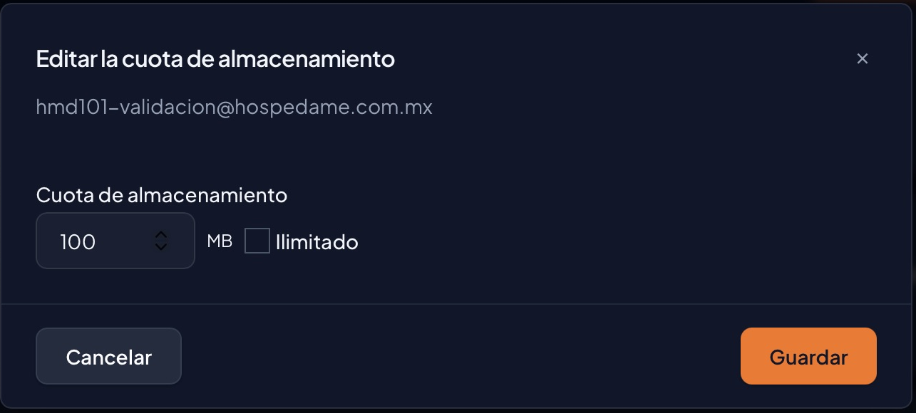 Ventana Editar la cuota de almacenamiento con valor 100 MB, Ilimitado, Cancelar y Guardar