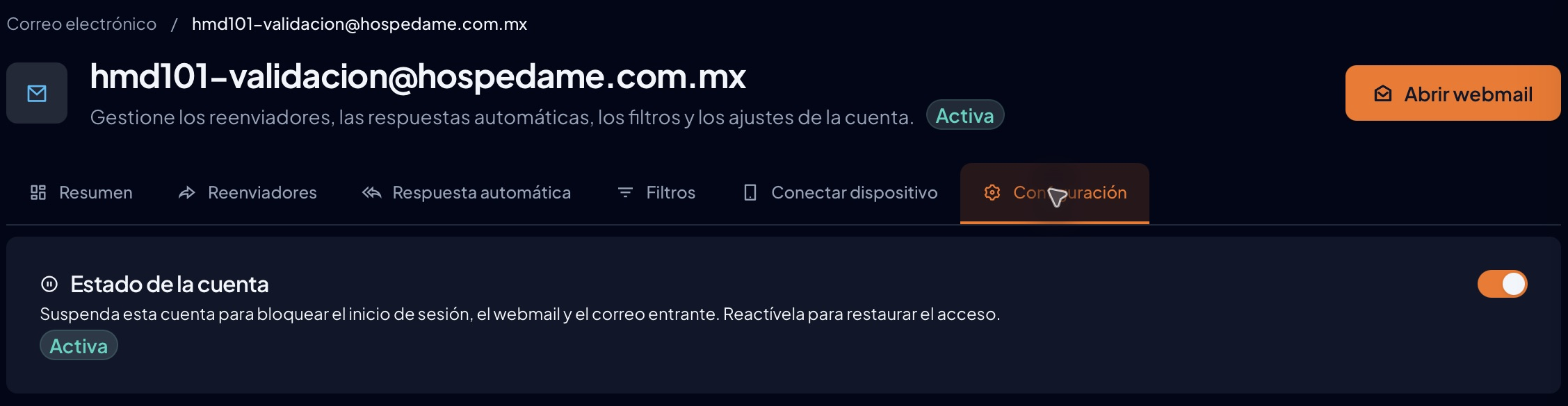 Configuración con Estado de la cuenta y el conmutador activado