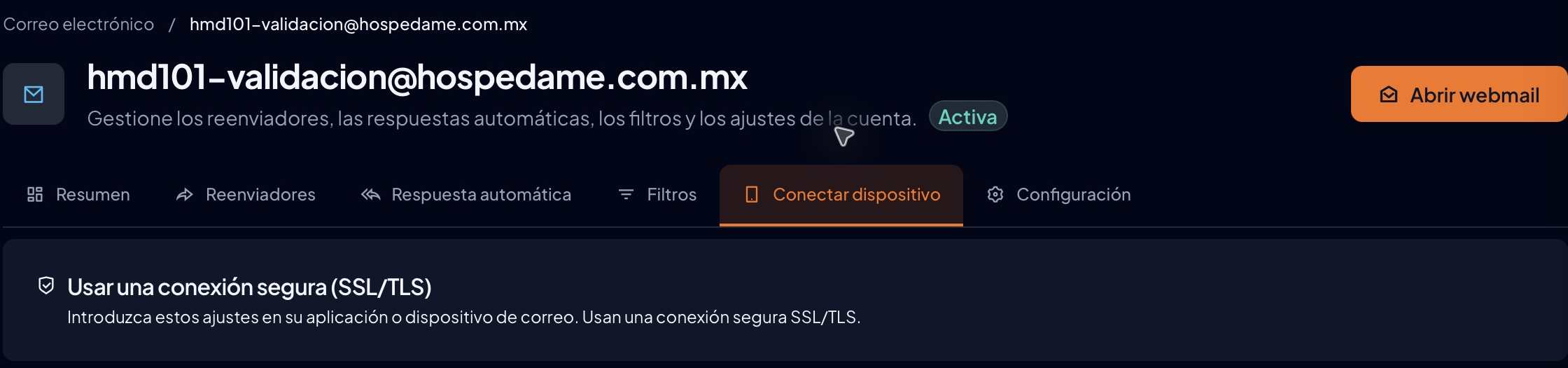 Ficha real del buzón con Conectar dispositivo seleccionado y aviso Usar una conexión segura SSL/TLS