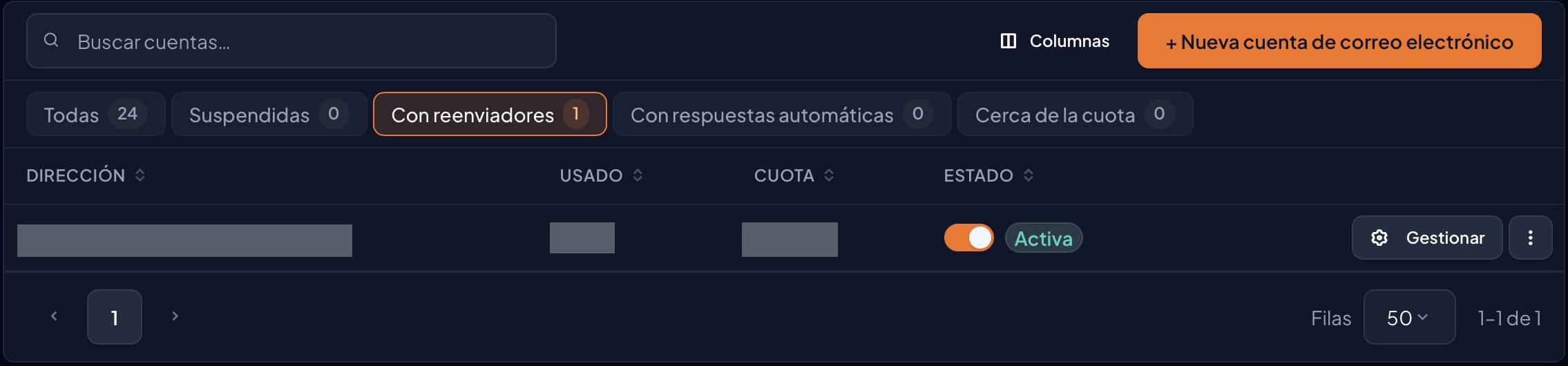 Filtro real Con reenviadores seleccionado con una cuenta existente y el botón Gestionar