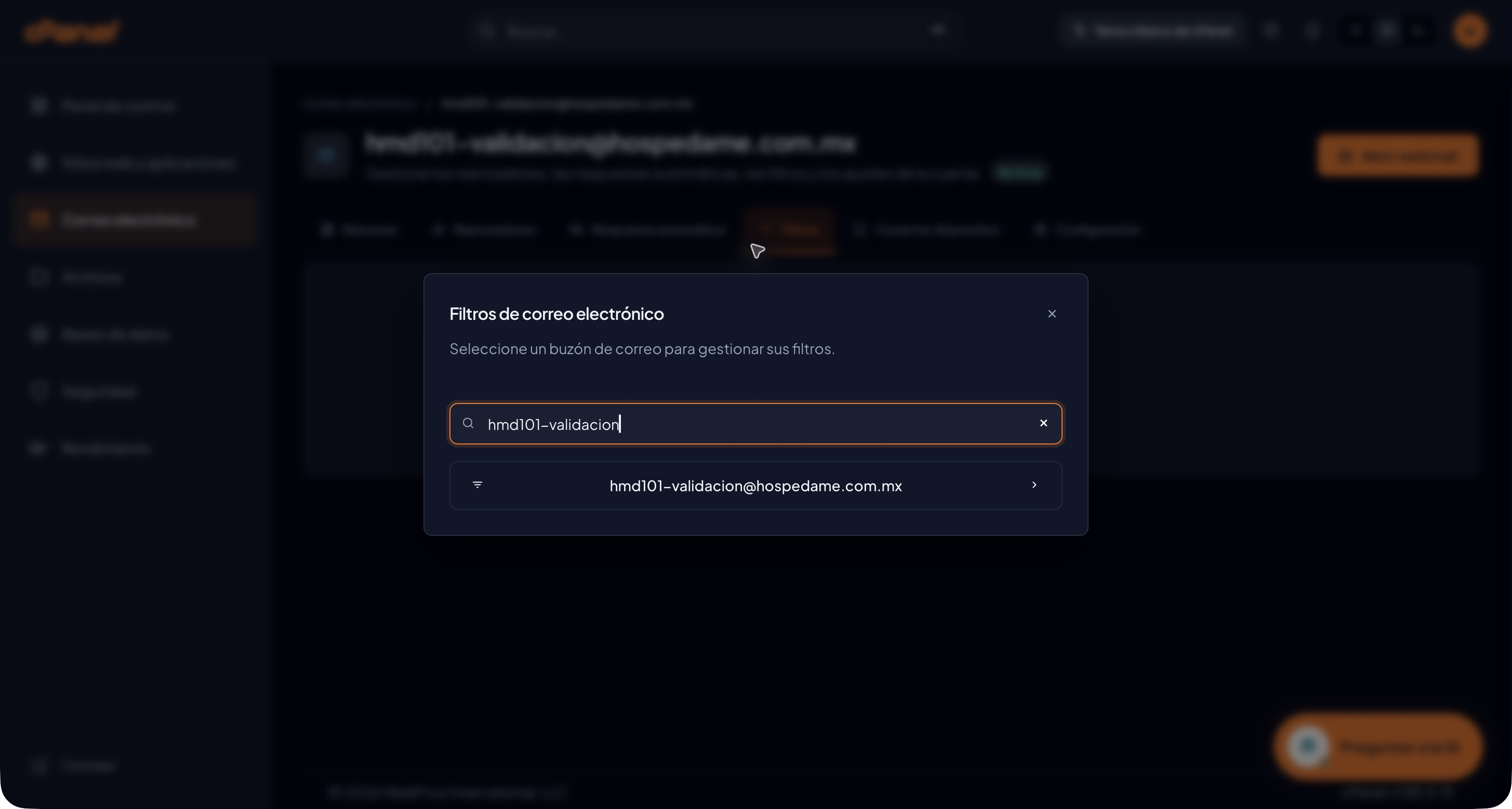 Selector Filtros de correo electrónico con búsqueda del buzón de referencia