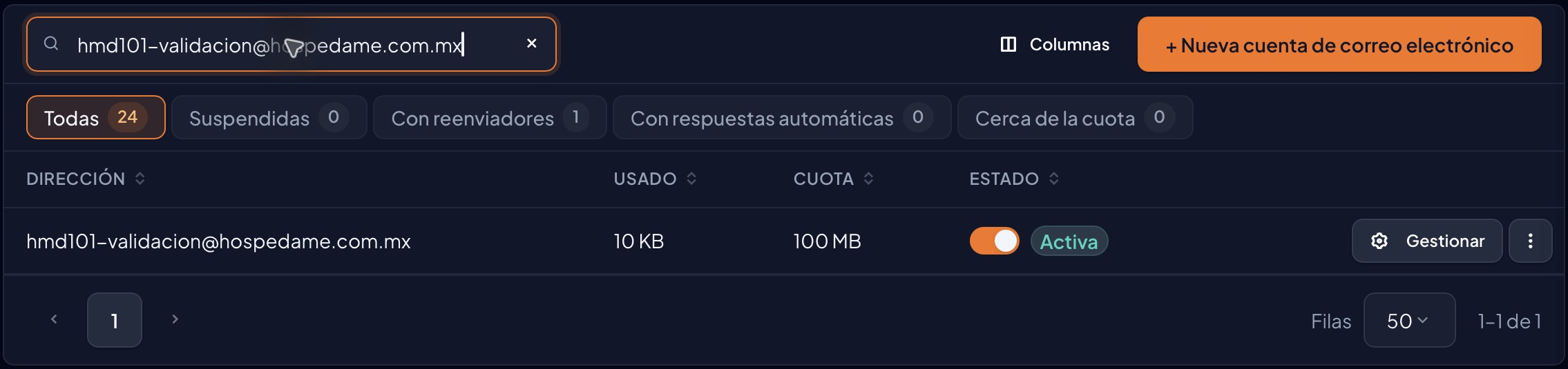 Listado filtrado para mostrar sólo el buzón de prueba